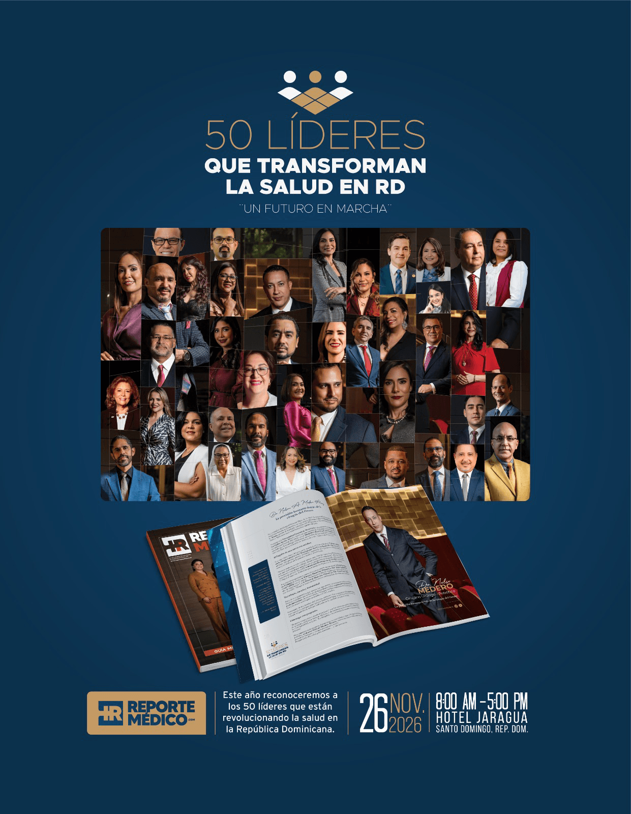 50 Líderes que Transforman la Salud en RD: mosaico de retratos de los homenajeados y la edición especial de la revista